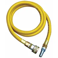 This 10 ft airline hose features a 1/2 in inside diameter and 1/2 in Hansen fittings, rated for a maximum pressure of 250 psi. The yellow hose is suitable for supplying compressed air in industrial environments such as manufacturing plants, maintenance shops, and pneumatic tool operations
