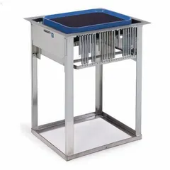 This open-design tray dispenser cart is constructed of stainless steel in a silver finish. It holds up to 150 trays and is NSF Certified for sanitation in foodservice environments. Overall height is 28 1/4 inches and overall length is 23 1/4 inches. No casters are included.