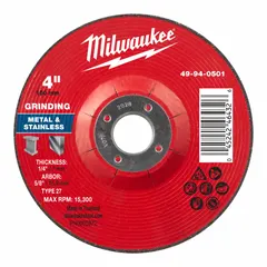 General-purpose grinding wheel for carbon and stainless steel. Type 27 design with 4" diameter, 1/4" thickness, and 5/8" arbor hole. 30-grit aluminum oxide abrasive for cutting, grinding, and deburring in metal fabrication and maintenance tasks.