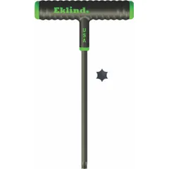 T-shaped Torx key with T27 tip size and standard end. Long arm length of 6 inches. Made of steel with black oxide finish. Used for tightening or loosening Torx-head fasteners in assembly, repair, and maintenance tasks.
