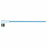 Single-ended cordset with an M12 female right-angle connector and bare wire termination. Features 8 pins, 24 AWG wire, and a 5 m pastel blue TPE-S cable jacket. Rated IP69K for resistance to high-pressure, high-temperature washdown. Suitable for sensor and actuator connections in food and beverage processing environments