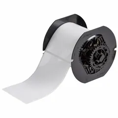 Acrylic permanent adhesive label roll with halogen-free material properties. Contains 350 precut labels measuring 5 in x 3 in. Compatible with BBP33, i3300, and i5300 printer series. Used for industrial identification and tracking of equipment, cables, and components.