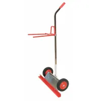 2-wheel tilt-style cart for moving bistro tables and up to 8 chairs. Red frame with (2) axle-mounted wheels. Dimensions: 8 1/2 in L x 30 1/2 in W x 51 1/2 in H. Suitable for rearranging seating and table layouts in food service and event settings