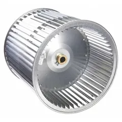 Steel blower wheel with concave design and tacked assembly. Features a 15-inch diameter, 15-inch width, 1 7/16-inch bore, and single inlet. Supports both clockwise and counterclockwise rotation. Suitable for use in HVAC systems to move air in heating and cooling units.