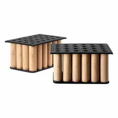 Oblong panel air filter element with 8 3/16 in outside diameter at bottom and 8 3/16 in overall length. Designed for engine air intake filtration in Clark Equipment trucks.