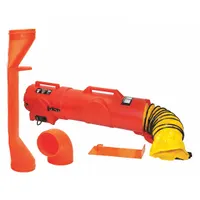 This axial blower and ducting combination unit operates on 12 V DC with vehicle battery hookups for portable confined-space ventilation. It includes an 8-inch diameter duct and a Saddle Vent. Typical applications include ventilating tanks, vaults, and manholes