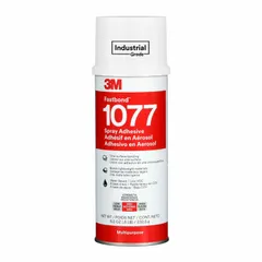 3M Fastbond 1077 is a clear, general purpose spray adhesive for bonding and repair tasks. It features a mist spray pattern, high tack, low odor, and low VOC formulation. This pressure-sensitive adhesive is water-resistant and meets OSHA 29 CFR 1910.1200 standards. Suitable for bonding lightweight materials such as foam, fabric, and paper in industrial maintenance, fabrication, and assembly applications.