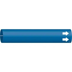 Blue pipe marker with white legend text, designed for snap-on installation on pipes with outer diameters of 4 to 6 inches. Includes directional arrows to indicate flow. Suitable for identifying pipe contents and flow direction in industrial piping systems.
