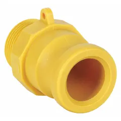 This Type F nylon cam and groove fitting has a 1-1/4 in hose fitting size with a 1-1/4 in -11-1/2 MNPT thread. It is used to connect hoses and pipes for quick, leak-free fluid transfer in industrial applications requiring corrosion resistance.