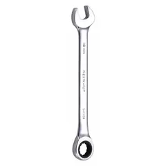 This metric 12-point ratcheting combination wrench is constructed from alloy steel with a chrome finish. It features a 19 mm head size and a 9 3/4 in overall length, designed for general fastening tasks such as tightening or loosening bolts and nuts in automotive, industrial, and maintenance applications.