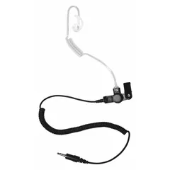 This listen-only earpiece features a clear earbud design and a 3.5 mm threaded connector. It is intended for private audio monitoring in two-way radio communications, allowing the user to hear incoming transmissions without speaking. The earpiece has no push-to-talk functionality and is compatible with radios that accept a 3.5 mm threaded plug.