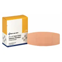 Fabric strip bandage measuring 2 inches by 4 inches, sterile and latex free. Packaged unitized in a box. Not metal detectable and not water resistant. Complies with ANSI/ISEA Z308.1-2015 standards. Used for covering minor cuts, scrapes, and wounds in workplace first aid kits