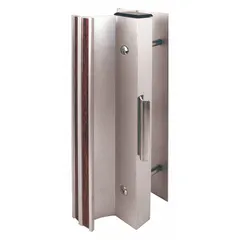 This recessed handle for sliding doors integrates a locking mechanism into the door profile. It measures 2 inches in width and 7 3/8 inches in height. Suitable for use on sliding doors in residential or light commercial settings where a compact, low-profile lock is required.