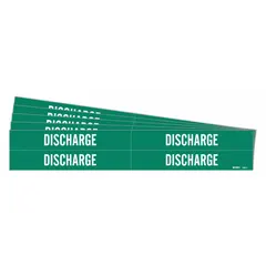 Green pipe markers with white 'Discharge' legend, designed for pipe outer diameters from 3/4 to 2-3/8 inches. Each pack contains 4 adhesive-backed markers without arrows. Used to identify discharge lines in industrial piping systems.