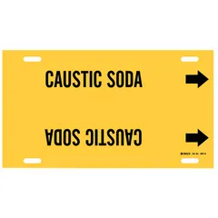 Yellow strap-on pipe marker with black legend reading 'Caustic Soda', designed for pipes with outer diameter 8 to 9-7/8 inches. Includes directional arrows. Used to identify pipes carrying caustic soda in industrial facilities for safety compliance.