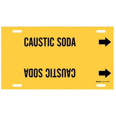 BRADY Pipe Marker: Caustic Soda, Yellow, Black, Fits 8 to 9 7/8 in Pipe O.D. - Caustic Soda Strap-On Pipe Markers