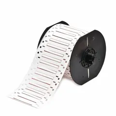 Polyolefin precut sleeve label roll in white matte finish, measuring 3/32 in x 2 in. Designed for wire identification on 20 AWG to 24 AWG conductors. Compatible with Brady i3300 printer series. Used for permanent marking of wires and cables in control panels, electrical cabinets, and machinery.