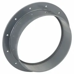PVC flange adapter designed for 10-inch duct diameter, with a 14-inch overall length and 10 3/8-inch flange inner diameter. Used to connect ductwork to flanged fittings in ventilation and fume exhaust systems, providing a secure joint for low-pressure air or gas movement.