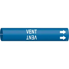 Blue snap-on pipe marker with white 'Vent' legend and directional arrows. Fits pipe outer diameters from 2-1/2 to 3-7/8 inches. Used to identify vent lines in industrial piping systems, aiding in quick recognition of pipe contents and flow direction.