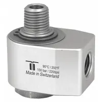 This MOSMATIC rotary union is a nickel-plated C38500 brass elbow with a single passage and a 3/8 in threaded rotating shaft. Rated for a maximum speed of 30 RPM, it is suitable for transferring fluid or air from a stationary supply line into rotating machinery in low-speed industrial applications