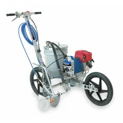 Gas-powered airless line striper with 1 3/10 hp engine. Produces line widths from 2 in to 8 in. Designed for marking turf surfaces such as athletic fields and parking lots.