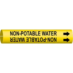 Yellow snap-on pipe marker with black legend reading 'Non-Potable Water' and directional arrows. Fits pipe outer diameters from 4 to 6 inches. Used to identify non-potable water lines in piping systems, supporting clear visual communication for facility maintenance and safety.