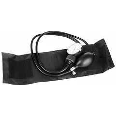 Mechanical blood pressure monitor for manual measurement on the arm. Features a nylon adult cuff in black with no needle stop. Includes a carrying case for portability. Suitable for clinical or home use.