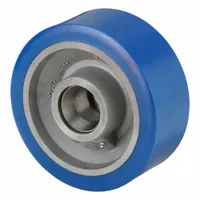 This polyurethane tread on steel core wheel has a 10-inch diameter and 4-inch width, with a blue tread. Rated for 5,000 lb, it is suited for heavy-duty industrial carts, tow lines, and material handling equipment in manufacturing and warehouse environments