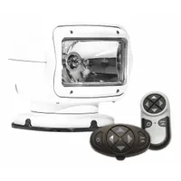 White halogen spot light with handheld/dash-mount remote control. Includes mounting bracket and pigtail electrical connection for permanent installation. Suitable for vehicle-mounted illumination in industrial, emergency, and off-road applications