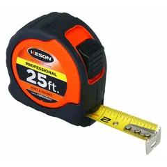 KESON PGPRO1825V is a 25 ft SAE tape measure with a plastic case and rubberized grip. The blade is marked in 1/16 in increments and feet. It features a nonmagnetic single hook tip, finger brake, and manual lock. Suitable for general measuring tasks in construction, carpentry, and industrial settings.