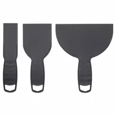 This spreading tool set includes putty knives and scrapers with polypropylene blades and handles. The straight blade shape is suited for applying and smoothing joint compound, spackle, and putty. Commonly used in drywall finishing, paint preparation, and general maintenance tasks.
