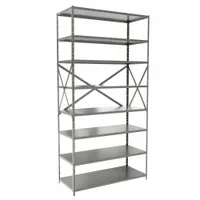 This medium-duty standalone open metal shelving unit from HALLOWELL features a steel frame and eight steel shelves, finished in gray. It measures 48 inches wide by 18 inches deep with an overall height of 84 inches. The unit is supplied unassembled. Typical applications include storage of tools, parts, boxes, and supplies in warehouses, industrial facilities, and commercial settings
