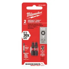 This 2-pack of insert bits features a T25 Torx head with a hex shank in Imperial sizing. Made from alloy steel, they are suited for driving Torx fasteners in assembly, maintenance, and repair tasks.