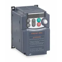This variable frequency drive features a heat sink style with single-phase input and three-phase output. It delivers 1/2 hp at 200-240V AC output voltage, with no bypass. The unit is colored black, blue, and gray. Typical applications include speed control of motors in conveyors, pumps, and fans