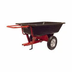 This 2-wheel dump cart features a 10 cubic foot poly container with a 650 lb load capacity. Designed for transporting and dumping materials such as soil, gravel, or debris in landscaping, construction, and agricultural settings.