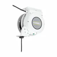 Motorized hardwired self-retracting cord reel with ratchet lock. Cord is 60 ft of 10 AWG SJO cable in white, terminated with bare wire. Designed for overhead or wall mounting to manage power cords in industrial and commercial settings, reducing trip hazards and cord wear