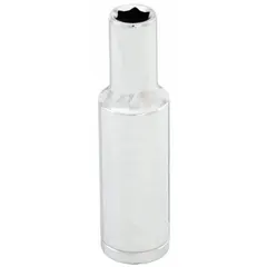 This 3/8" drive hand socket features a 5/16" SAE hex size with a 6-point deep configuration. Constructed from chrome, it is designed for manual use with ratchets and extensions to turn hex fasteners in automotive repair, machinery maintenance, and general assembly tasks.