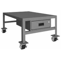 This fully assembled mobile worktable features a powder-coated steel top and welded frame. It includes a drawer (19-1/4 in depth, 13-5/16 in width, 4-15/16 in height) and four swivel locking casters with phenolic wheels. With a fixed height and 2,000 lb load capacity, it is suited for industrial assembly, maintenance, and material handling tasks
