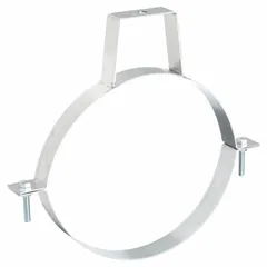 Steel duct hanger designed for supporting round ducts in HVAC ventilation systems. Fits 10-inch diameter ducts, measures 12 3/8 inches in length and 10 inches in width. Includes bolts for installation.