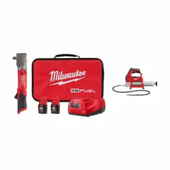 This combination kit includes a 12V cordless grease gun and impact wrench, both powered by the M12 battery system. The grease gun provides lubrication for equipment maintenance, while the impact wrench handles fastening and loosening of bolts. Battery included.