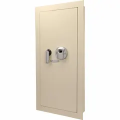 Wall-recessed security safe with 1.77 cu ft capacity, constructed from steel. Measures 31 1/2 in H x 15 1/2 in W x 4 in D. Features a biometric lock and 2 locking bolts. Designed for concealed installation between standard wall studs to secure valuables, documents, and small items.