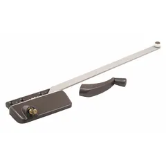 This frame-mounted window operator is designed for left-hand casement windows. It includes a crank handle and features a bronze-coated brown finish with a 3-inch base length. The operator enables manual opening and closing of outward-swinging windows.