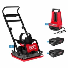 Battery-powered plate compactor with 22 in plate length and 20 in plate width. Delivers 3.8 lbf compacting force. Suitable for compacting soil, gravel, and asphalt in construction and landscaping applications.