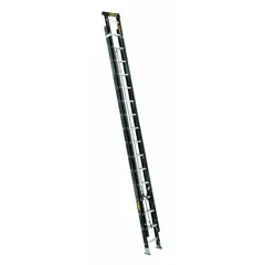 Two-section fiberglass extension ladder with fixed fly, 32 ft length, 300 lb load capacity, and 73 lb weight. Non-conductive material suitable for tasks near electrical hazards. Black finish.