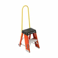 This Type IAA-rated folding step stool is constructed from orange fiberglass and features two steps with a 300 lb load capacity. It includes handrails and slip-resistant rubber feet for stability on hard surfaces. The unit is foldable for storage and ships unassembled. Suitable for elevated access in industrial maintenance, warehousing, and commercial facilities