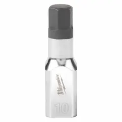 This hex bit socket features a 3/8 in drive and a 10 mm metric hex tip, with an overall length of 2 in. It is used for driving hex-head fasteners in assembly, maintenance, and repair tasks requiring metric hex bit access.