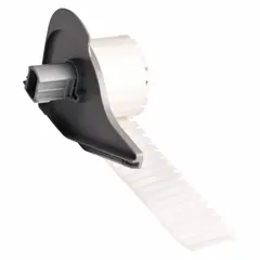 White gloss polyester precut label roll measuring 1 in x 3/16 in. Compatible with Brady M710 printer series. Temperature range -94°F to 230°F. Used for labeling wires, components, and equipment in industrial environments.