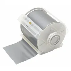 Continuous label roll made of metalized polyester with a silver matte finish, rated for outdoor use. Measures 4 inches by 100 feet. Compatible with GlobalMark printer series. Used for industrial labeling applications such as asset tracking, pipe marking, and safety signage in harsh environments.