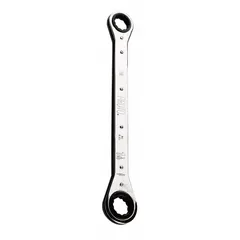 This SAE double-end ratcheting box end wrench features 12-point heads sized 5/8 in and 11/16 in, with a standard length of 8 in and 0° head offset angle. The chrome finish provides corrosion resistance. Suitable for tightening or loosening hex fasteners in confined spaces where ratcheting action improves efficiency.