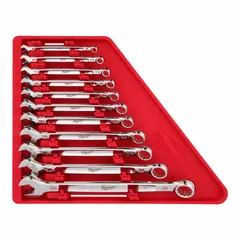 This 11-piece SAE 12-point combination wrench set features a chrome finish and a 15° offset head angle for improved access in confined spaces. The wrenches are constructed from alloy steel and come organized on a storage tray. Typical applications include tightening and loosening fasteners in mechanical assembly and maintenance tasks.